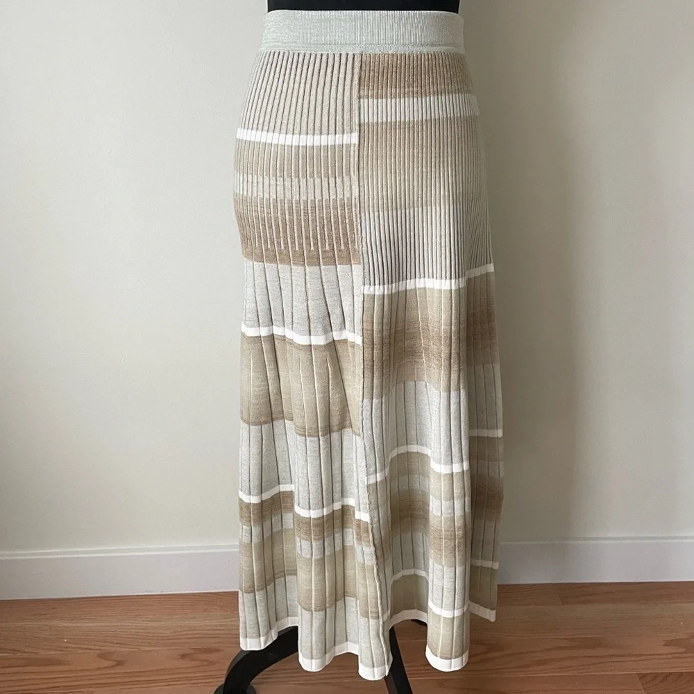 JONATHAN SIMKHAI Neutral Beige Tide Stripe Louise Striped Space Dye Midi Skirt